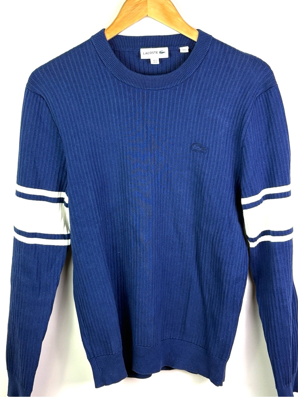 Lacoste Men's Navy Crewneck Sweater with White Stripe Sleeves size S